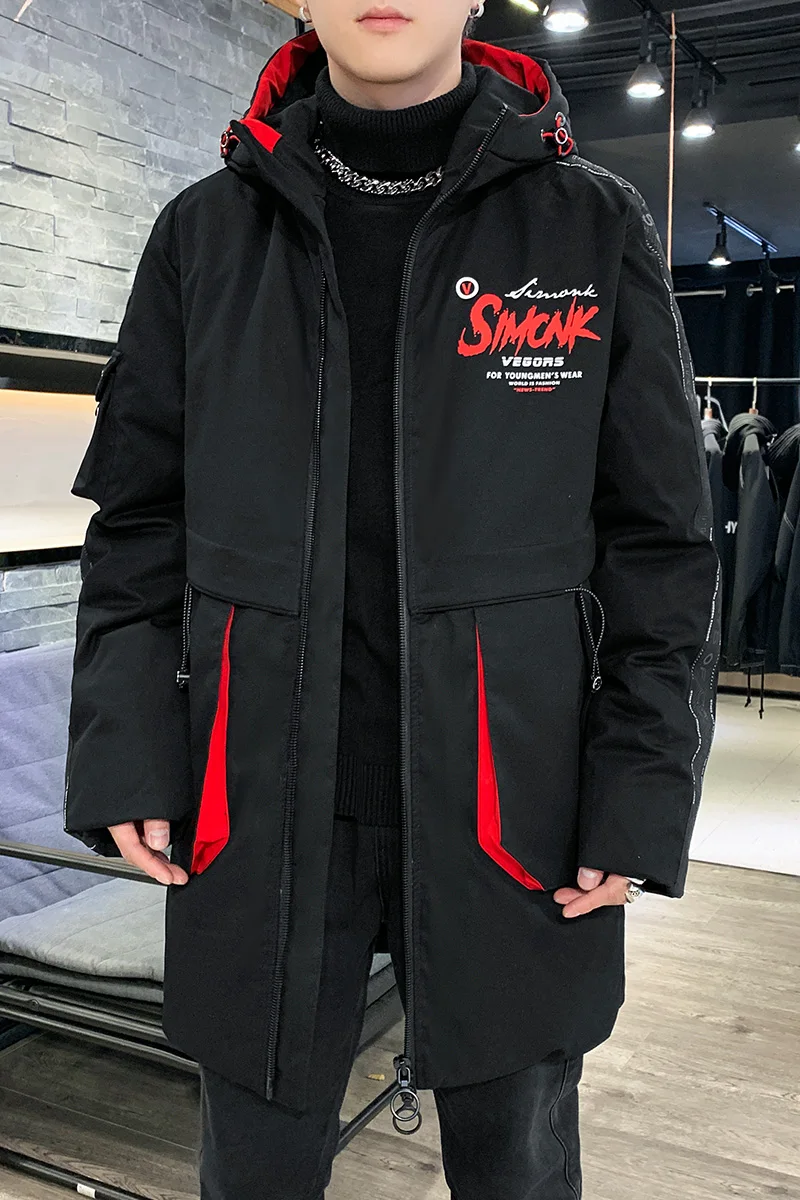 Down jacket for men winter new fashion trend letter print hooded for men 90% white duck down medium and long warm thick coat