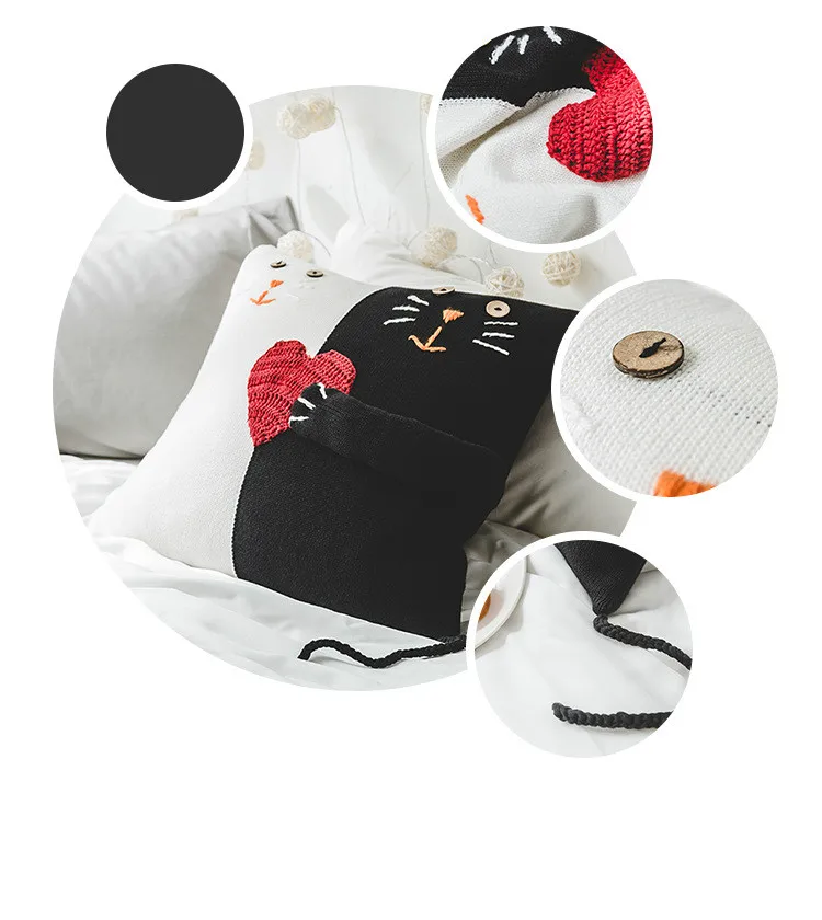 Наволочка для подушки с вышитым котом из мультфильма хлопковая вязаная