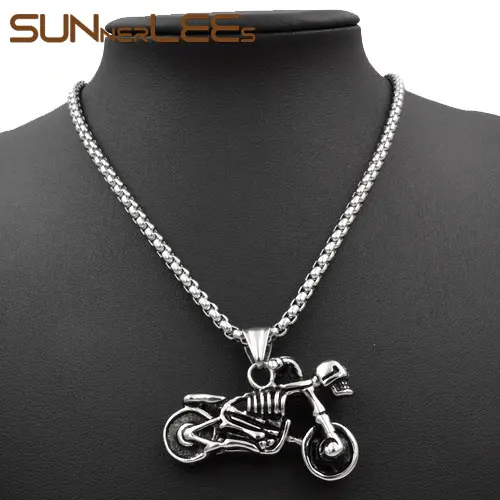 SUNNERLEES 316L Нержавеющая сталь ожерелье крутой Панк Череп Скелет мотоцикл звено цепи