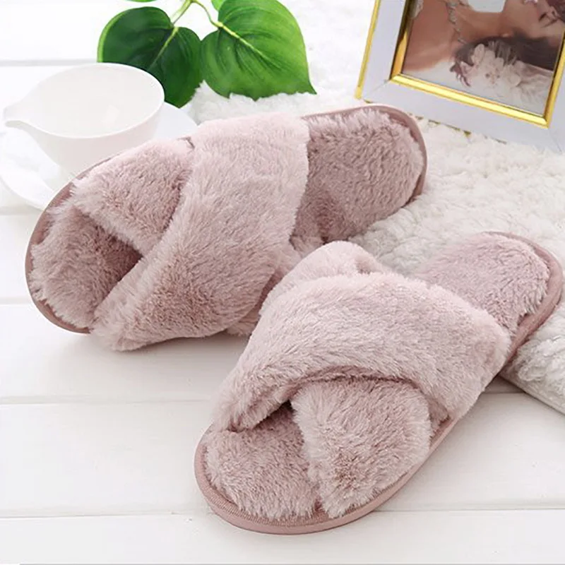 

Women Winter Slippers Shoes Solid Color Cross Shape Home Slippers Woman Indoor Fur Warm Soft Slides Female Plush Slipper
