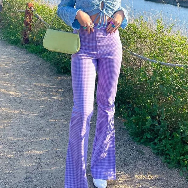

Женские повседневные расклешенные брюки с разрезом, уличная одежда в клетку с рисунком «гусиные лапки», облегающие длинные брюки с высокой ...