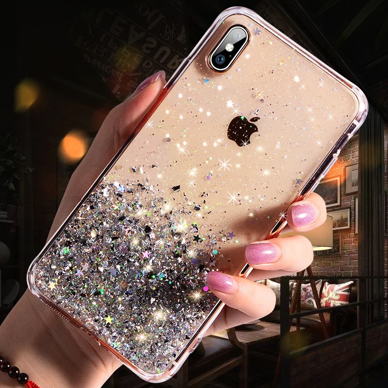 Чехол SUYACS с блестками и звездами для iPhone 12 11 Pro Max Mini XS XR X 7 8 6 6S Plus мягкий прозрачный