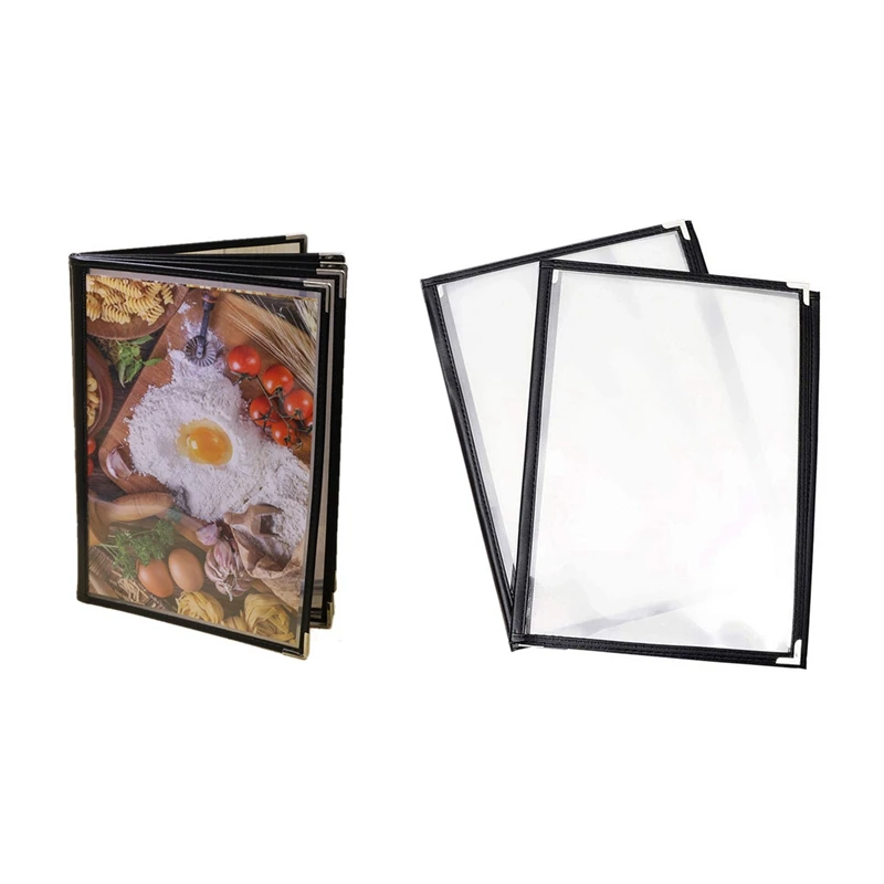 

1X Transparent Restaurant Menu Covers For A4 Size Book Style Cafe Bar 6 Pages 12 View & 2Pcs 3 Pages 6 View