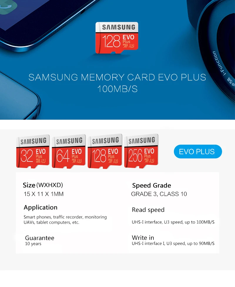 SAMSUNG карта памяти Micro SD Card 64 Гб 128 ГБ 256 Гб карта памяти EVO+ 100 МБ/с. C10 TF карта флэш-накопитель для смартфона