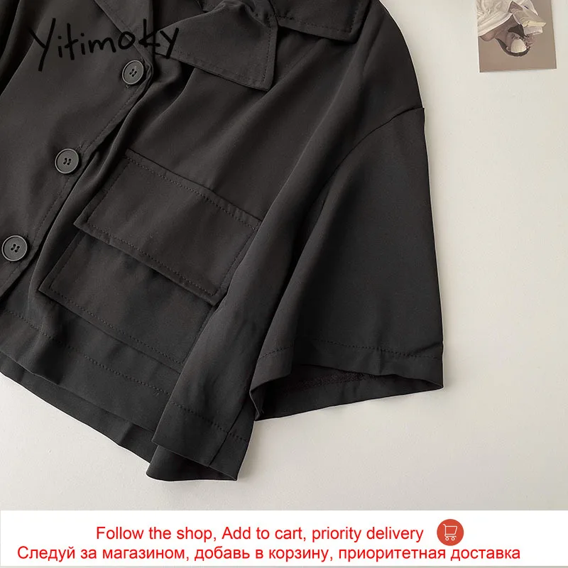 

Yitimoky Vintage Blouse Women Short Sleeve Button Up Shirt Notched Tops Black Straight 2021 Spring New Office Fashion Lady Top