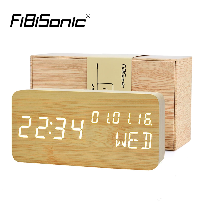 

Цифровой светодиодный Будильник FiBiSonic, электронные настольные часы, отображение температуры, календаря, даты, будильники в подарочной коро...