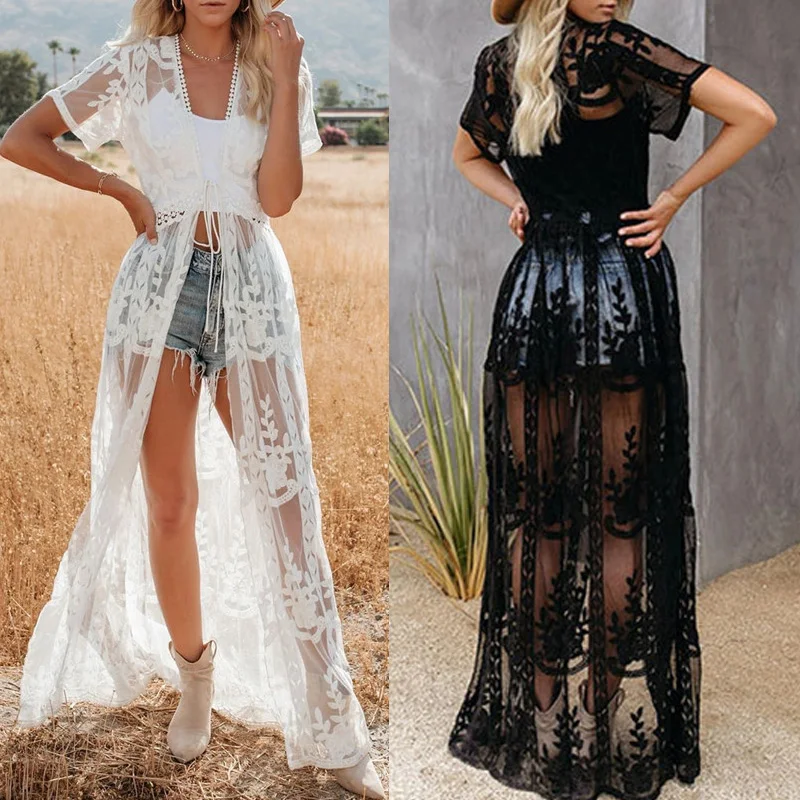 Tunics Lace Beach Dress Tunic For Women Cover Ups Sexy Beachwear Plus Size Up Saida de Praia 2019 New Kaftan | Женская одежда