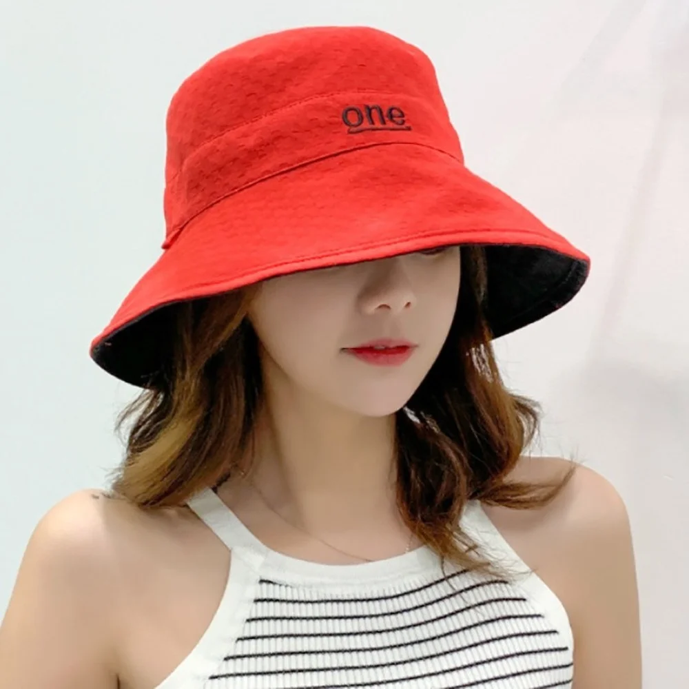 

FREEIN New Summer Outdoor Cap Red Women Bucket Fishing Hats Embroidery Fisherman Hat Unisex Double-Side Bucket Hat Wholesale