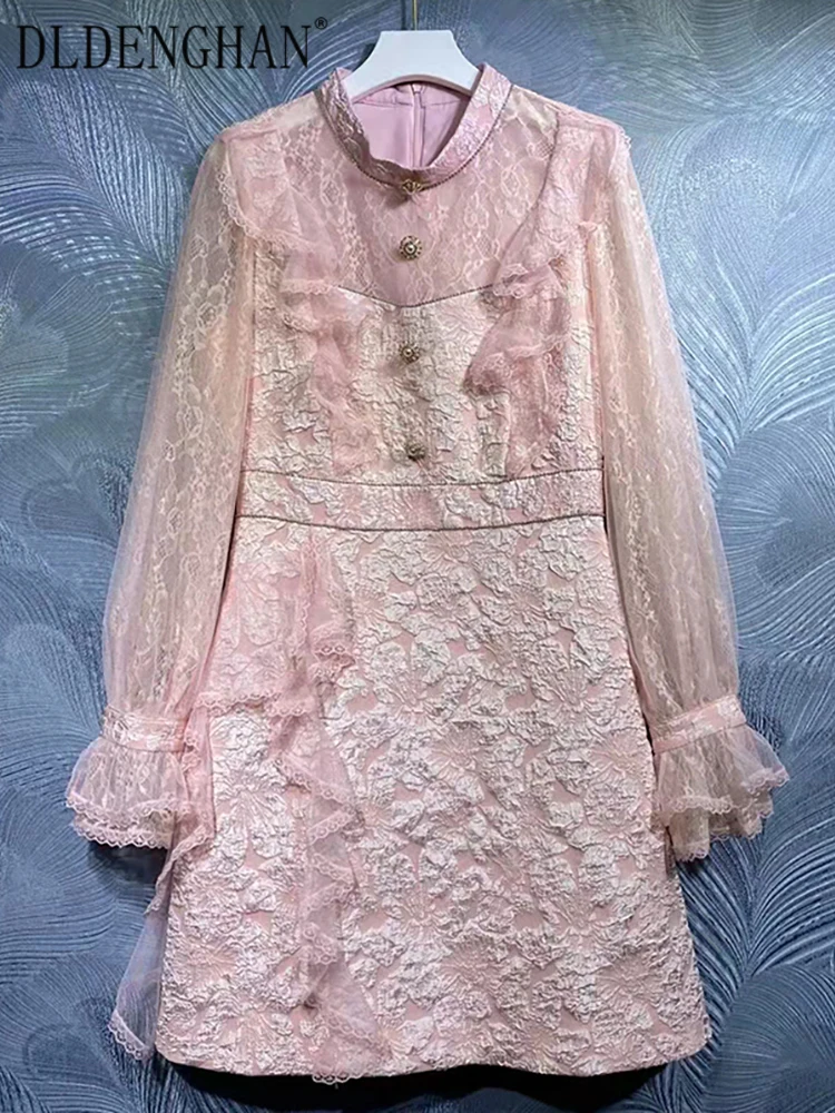 

Модное дизайнерское весеннее жаккардовое платье DLDENGHAN, женские кружевные розовые праздвечерние чные платья с воротником-стойкой и расширя...