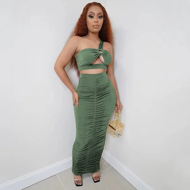 

Women's Sexy Skirt Suits Set Summer Streetwear Single Strap Sleeveless Crop Tank Top + Maxi Ruched Long Skirt Ladies Party Suits