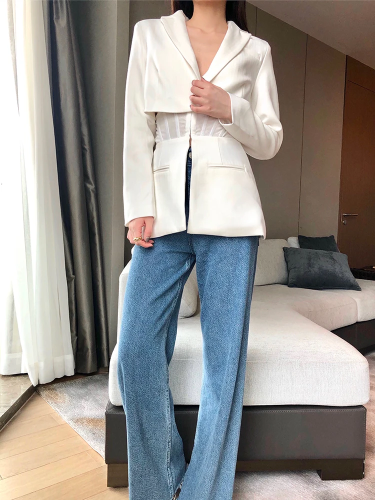 

PYJTRL Women White High Waist Casual Slim Button Blazer