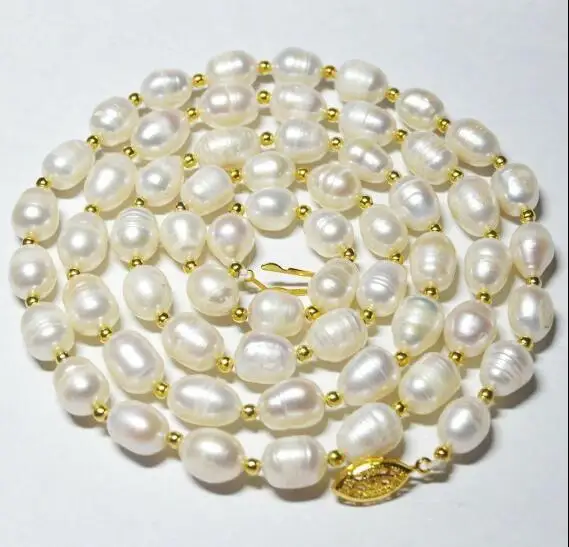 

18'' 30'' 50'' 64'' 45cm 85cm 200cm Natural pearl 7-8mm white oval rice freshwater pearl necklace gold beads mixed Woman Jewelry