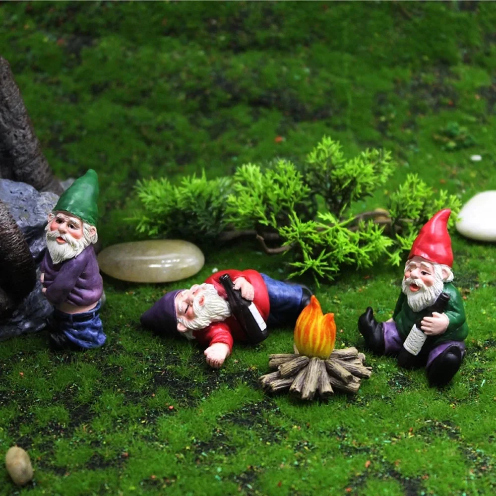 

Fairy Garden Drunk Gnomes Miniature Ornaments Set Mini Dwarf Bonfire Statues for Planter Flowerpot Decor Accessories