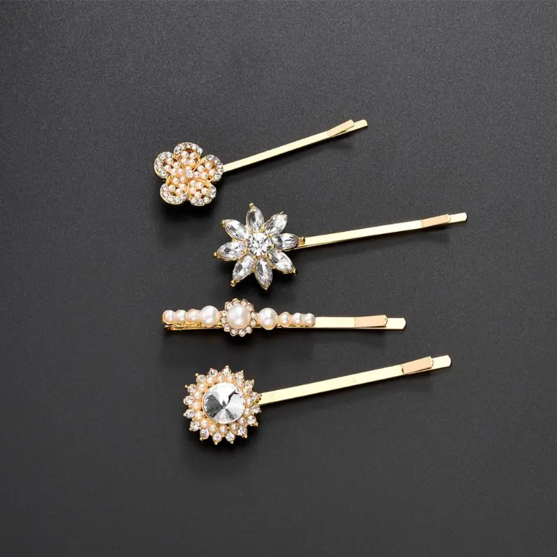 

4Pcs/Set European Vintage Alloy Hairpin Ladies Imitation Pearl Rhinestone Flower Sun Hair Clip Colored Jewelry Wedding Barrettes