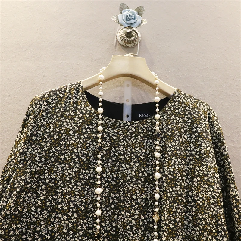 

IEQJ Women Pleated Dress Floral Loose Oversized Full Sleeve Round Collar Elegant A-line Casual 2021 New Spring Fashion XA258