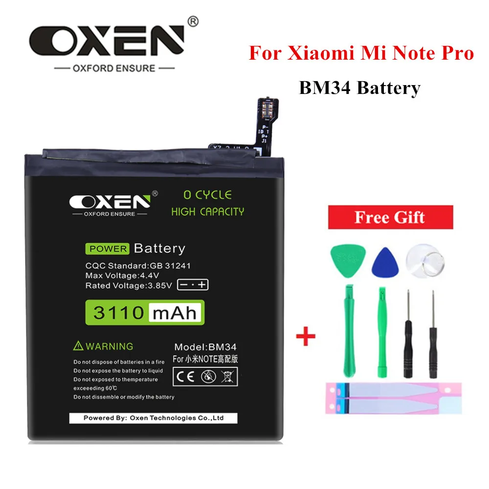 Оригинальный OXEN 3110mAh BM34 запасная батарея для Xiaomi Mi Note Pro 4GB RAM сотовый телефон литий
