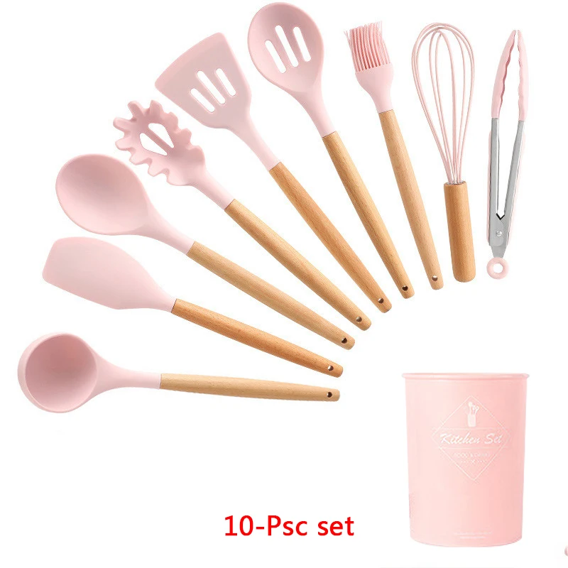 10-Pcs kitchen set 11-13 шт Силиконовая кухонная утварь набор кухонной утвари антипригарный шпатель Премиум деревянная ручка с ящиком для хранения кухонные инструменты - Цвет: 10-Pcs kitchen set