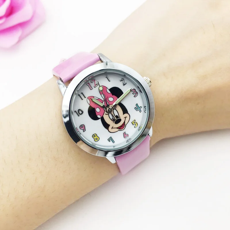 Модные милые детские часы с Минни Маус для мальчиков синие кожаным ремешком