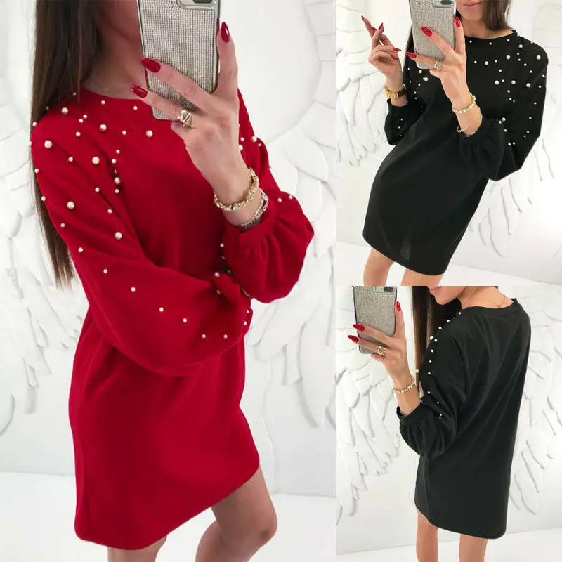 Женское осенне зимнее платье с длинным рукавом и круглым вырезом однотонное