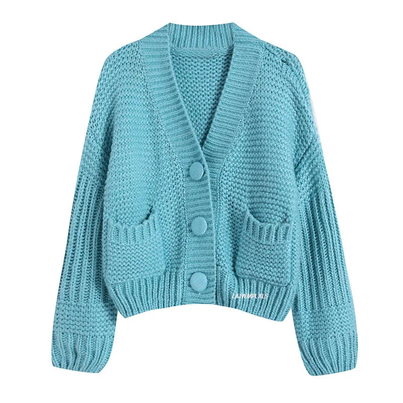 

Solid Blue cardigan sweater female chic vintage korean Spring autumn 2021 woman fashion knitted cardigan coat ladies