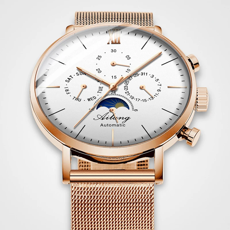 AILANG Роскошные автоматические мужские механические часы с фазой Луны календарь