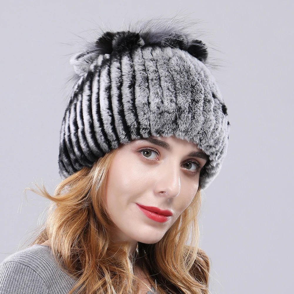 Настоящие Женские шапки из меха кролика рекс Леди ручной вязки в полоску шапка с