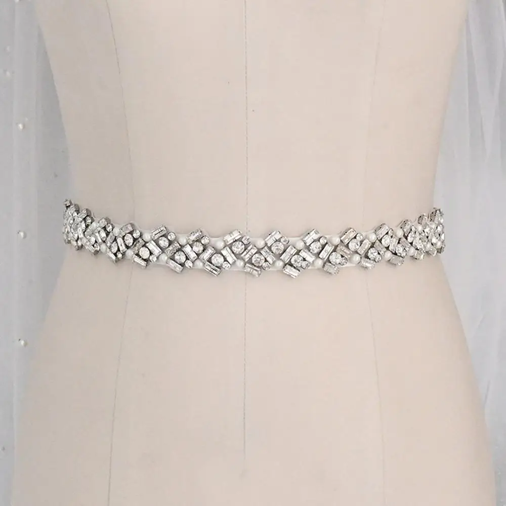 

TRiXY S432 Sparkly Wedding Belts Rhinestone Bridal Belt Pearls Beaded Bridal Sash Silver Prom Dress Belt Waistband Satin Belt