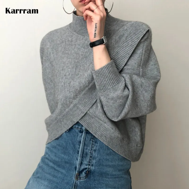 

Karrram Fashion Half-turtleneck Women Sweater Jumpers 2021 Autumn Winter Knitwear Cross Split Loose Female Knitted Pullovers