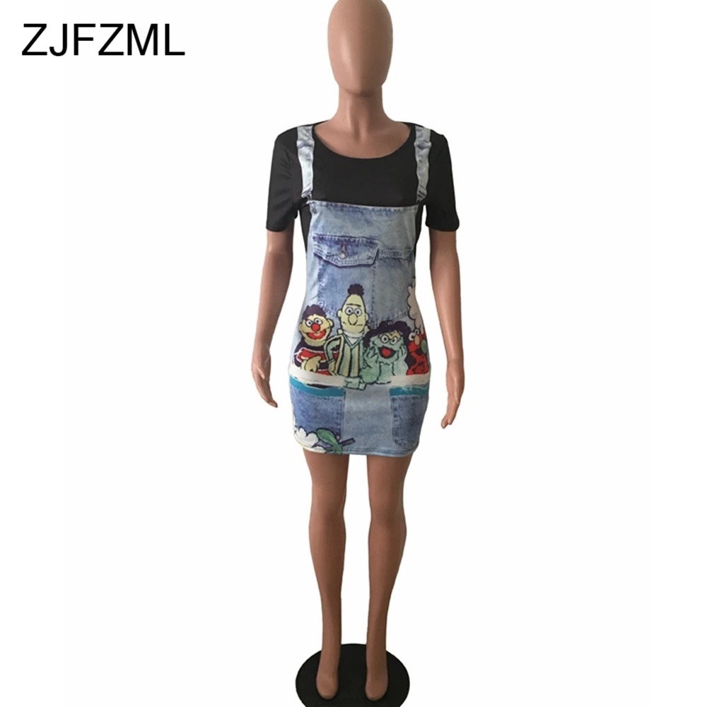 ZJFZML платье из джинсовой ткани с рисунком новинка короткий рукав черное белое