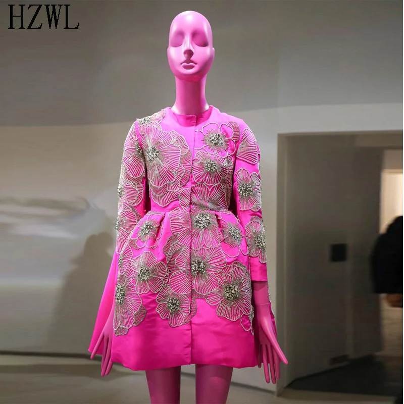 

Long Sleeve Rose Red A-style Beaded Crystal Formal Party Gowns 2020 New Short Prom Dress Evening Dresses robe de soiree