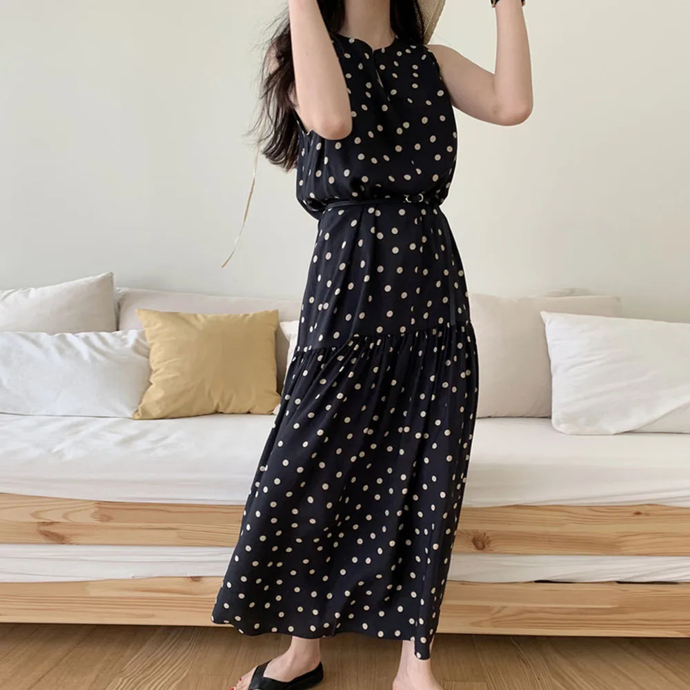 

Dresses Women Summer A-Line Polka Dots Sleeveless Women Dress Beach Holiday Girls Party Dresses