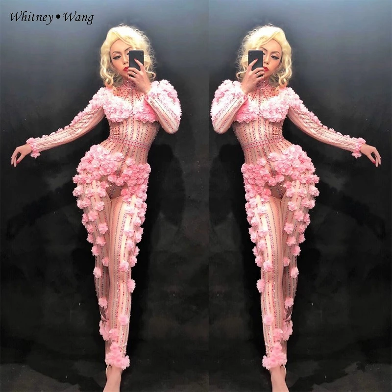 as picture WHITNEY WANG 3D Цветочные Стразы комбинезон женский певец танцор костюм вечерние платья сценическое шоу одежда - Цвет: as picture