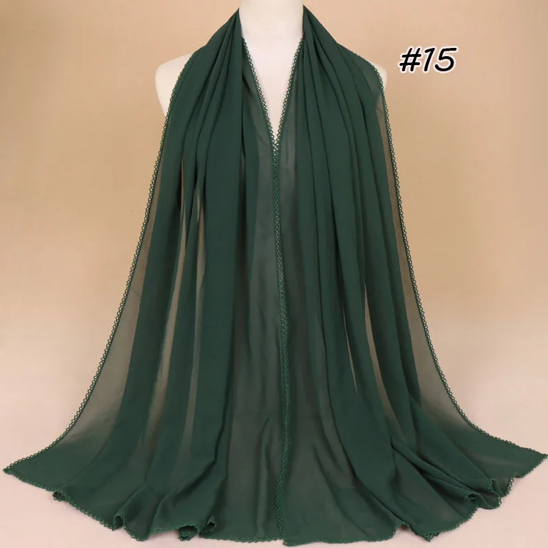 15 Dark green Женский шифоновый шарф с кружевными краями, мусульманский хиджаб, Весенняя флористическая накидка, шали, обычная длинная повязка на голову, женские шарфы из пашмины - Цвет: 15 Dark green