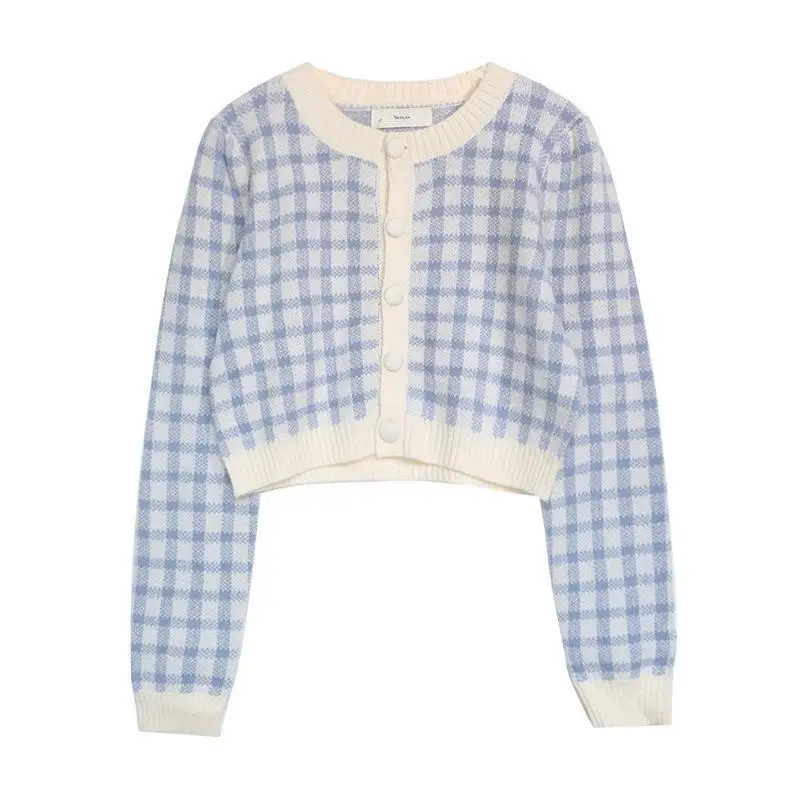 

Vintage Plaid Knitted Cardigan Korean Short Knit Women Coat 20201Autumn Long Sleeve O-neck Sweet Crop Top Sweater