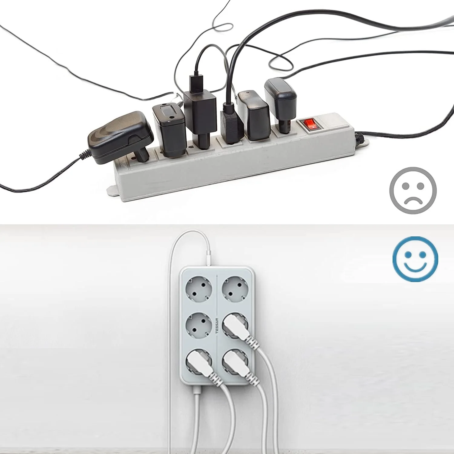 Настенный удлинитель с 2 м кабелем 6 розеток 3 USB порта|Вилки розеткой| |