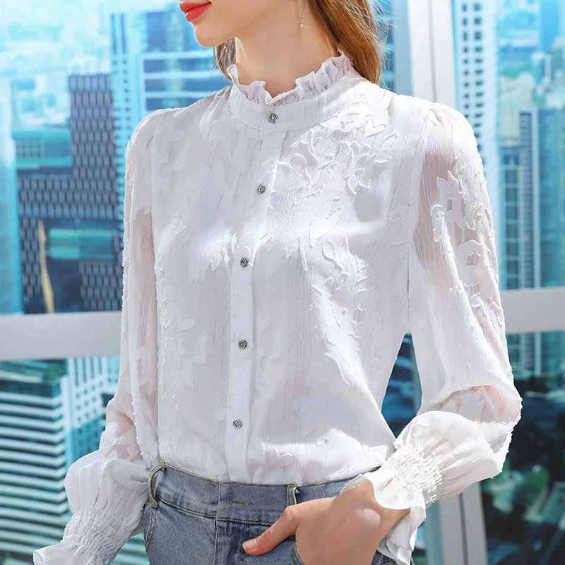 

Chiffon shirt women's early spring 2021 new women's wear lotus collar button foreign style small shirt retro trumpet sleeve top