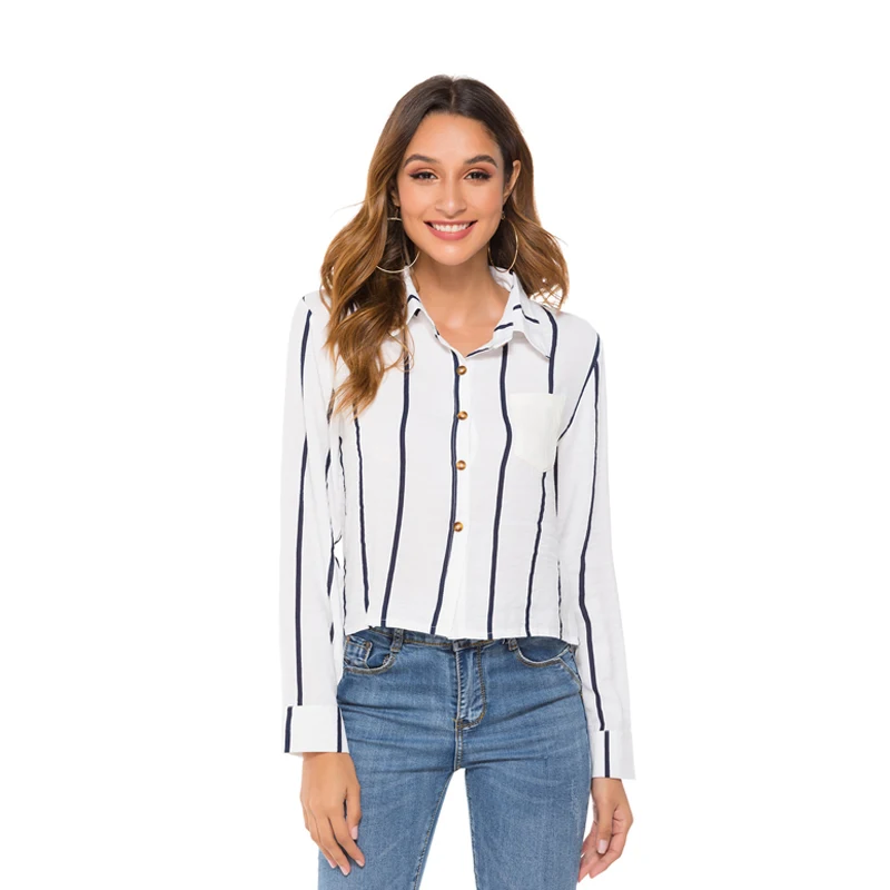 Тренд полосатый Печатный Бохо хлопок женская блузка с v образным вырезом офисные