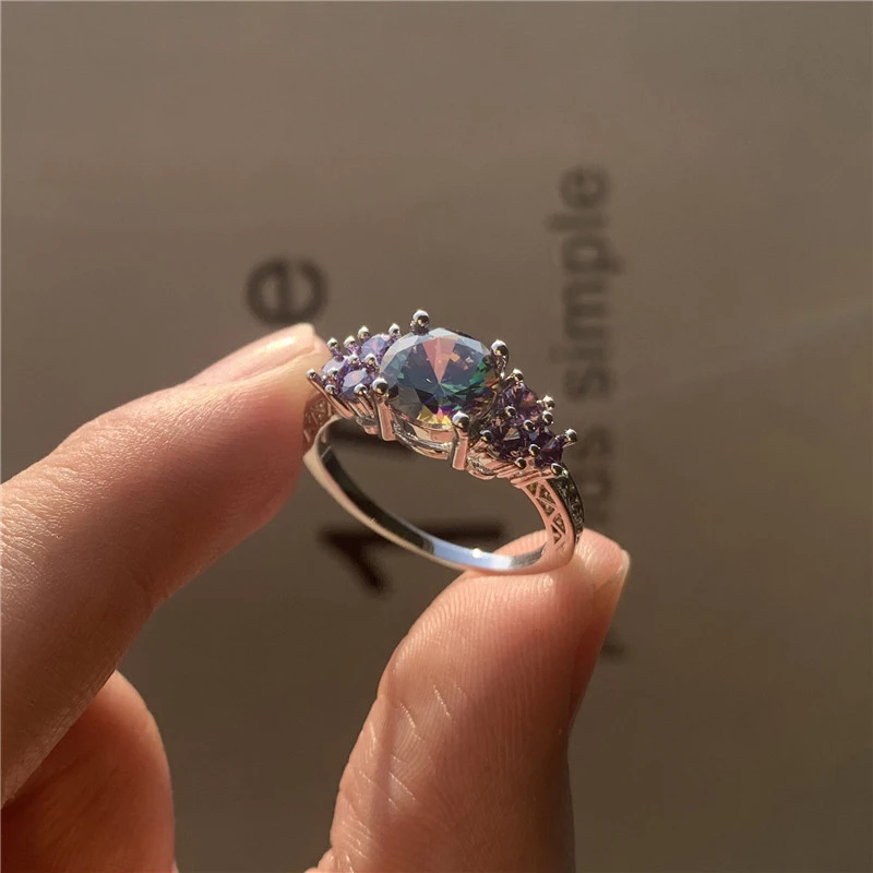 

Dainty Female Purple Crystal Stone Jewelry Classic Silver Color Wedding Rings For Women Charm Bride Round Zircon Engagement Ring