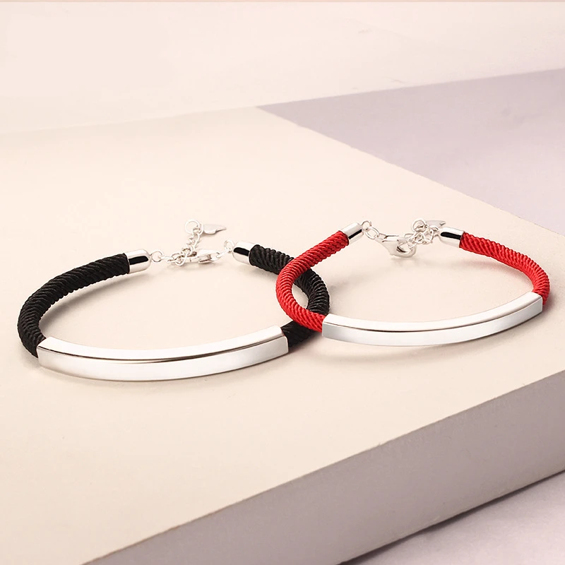 

Sterling silver square tube couple bracelet a pair of long-distance love men and women smooth simple red rope hand rope commemor