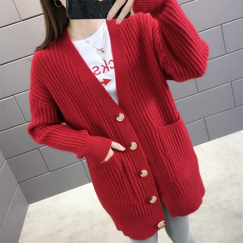 Женский однотонный кардиган с V образным вырезом однобортный трикотажный