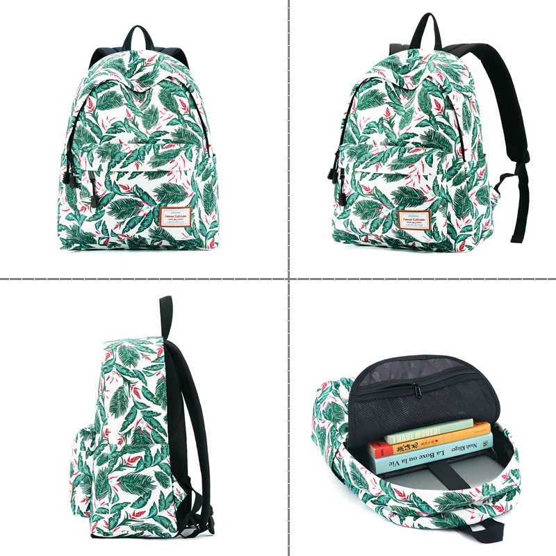 Женский рюкзак с принтом зеленого листа Большая вместительная сумка на плечо