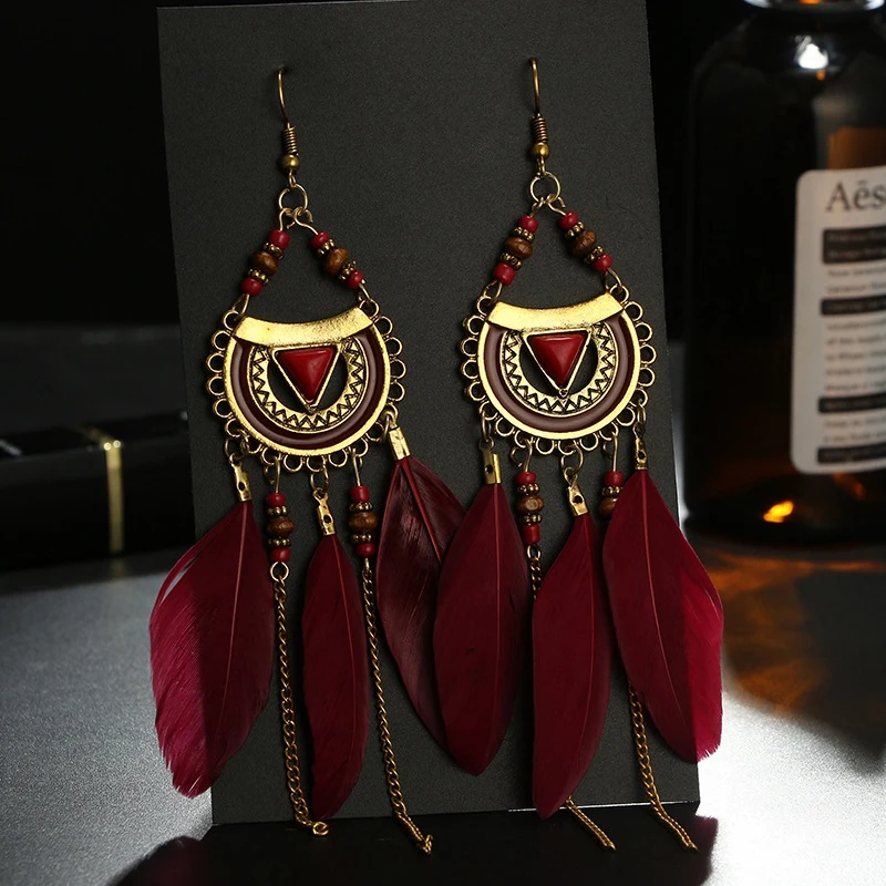 Ретро длинные серьги с кисточками модные перьевые стильные этнические Бохо