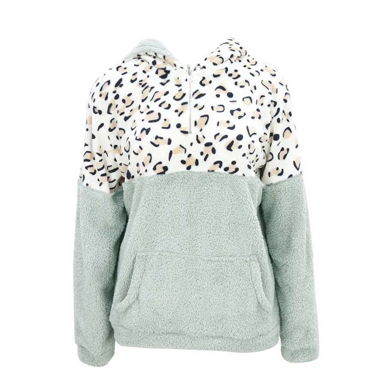 

Hot Sale Autumn And Winter New Products Fashion Hooded Plus Fleece Long-sleeved Sweater Leopard Print Stitching Top Women