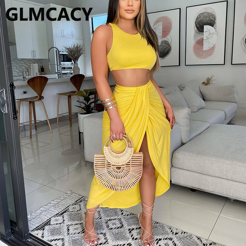 

Two Piece Summer Dress Suits Sleeveless Crop Top & Slit Midi Skirt Set