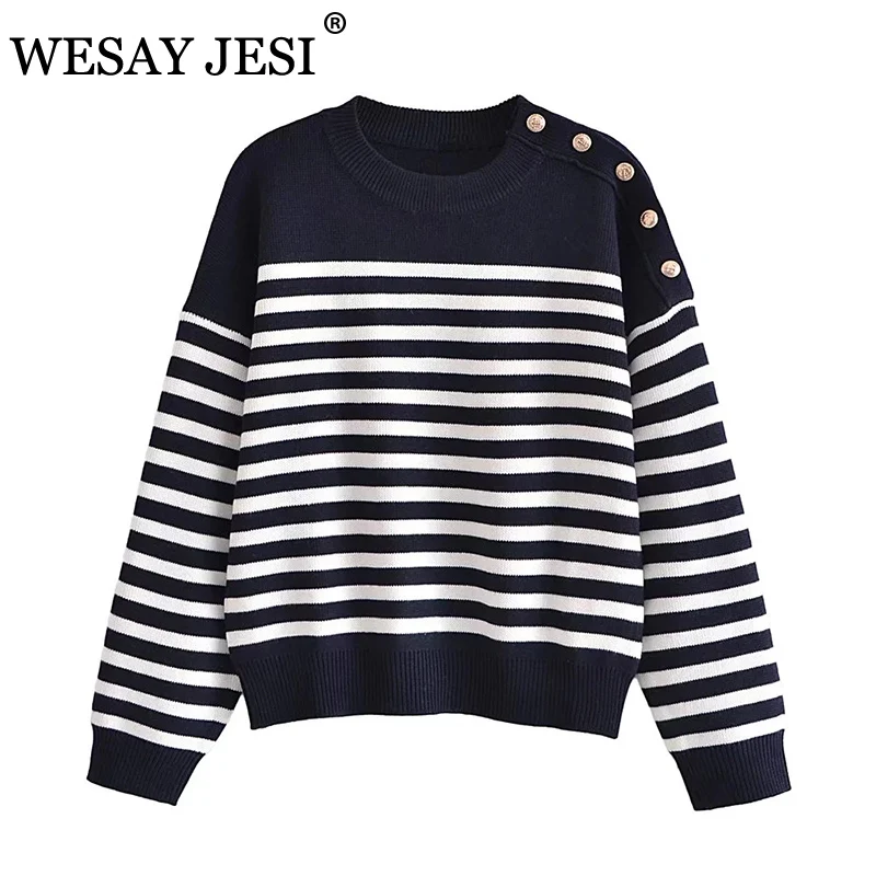 

WESAY JESI ZA Fashion Women Sweater Shoulder Buckle Striped Sweater Oversize Long Sleeve Round Neck Pullover Casual Chic Tops