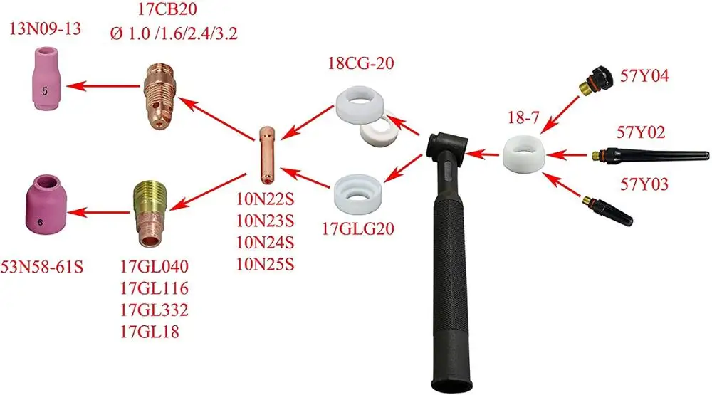Короткая Цанговая трубка TIG набор разных размеров 17CB20 (0 040 дюйма 1 0 мм) (1/16 6 (3/32 2 4 (1/8
