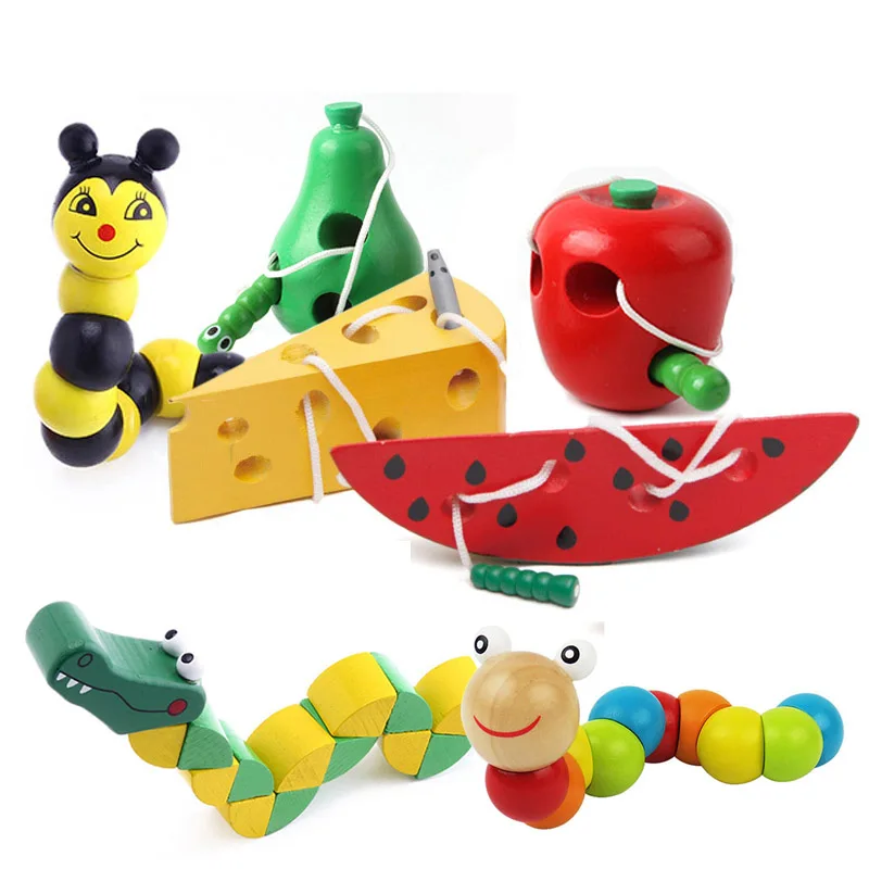 

Baby Wooden Toys Worm Eat Fruit Cheese Wood Toys Baby Kids Educational Toys Rope-piercing Montessori Toys Gifts