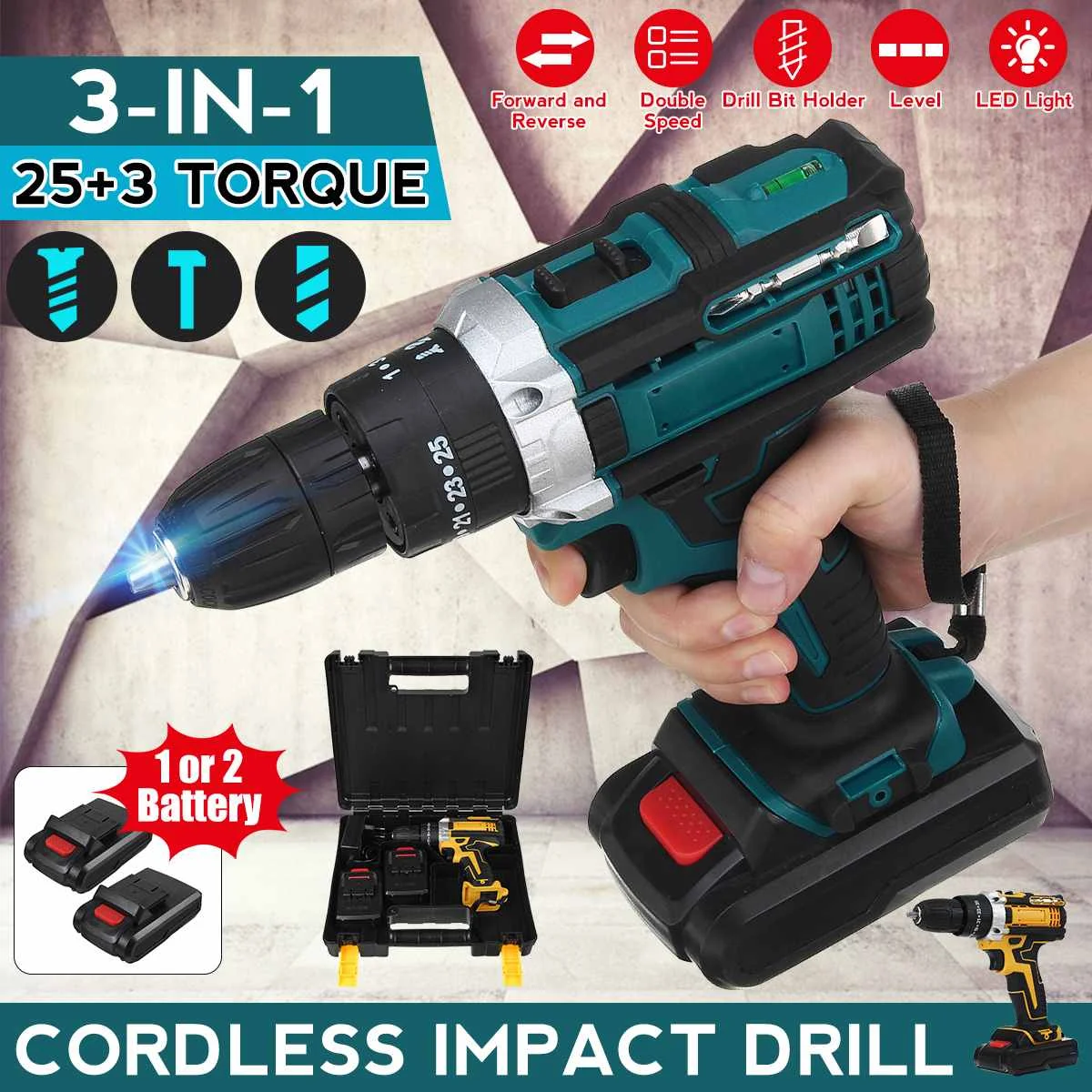 

25+3/25+1 Torque Electric Screwdriver Cordless Drill Rechargeable Lithium Battery Wireless Power Driver Tools With 1/2 Battery