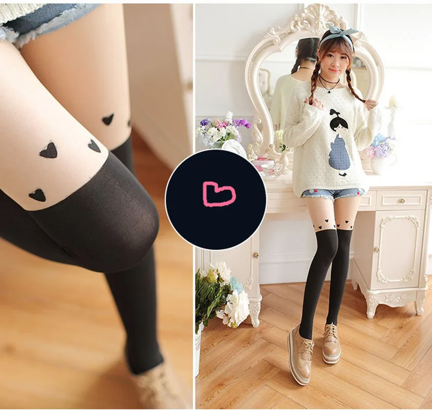 2020 женские колготки выше колена с двойной полосой сердечками черные подтяжка