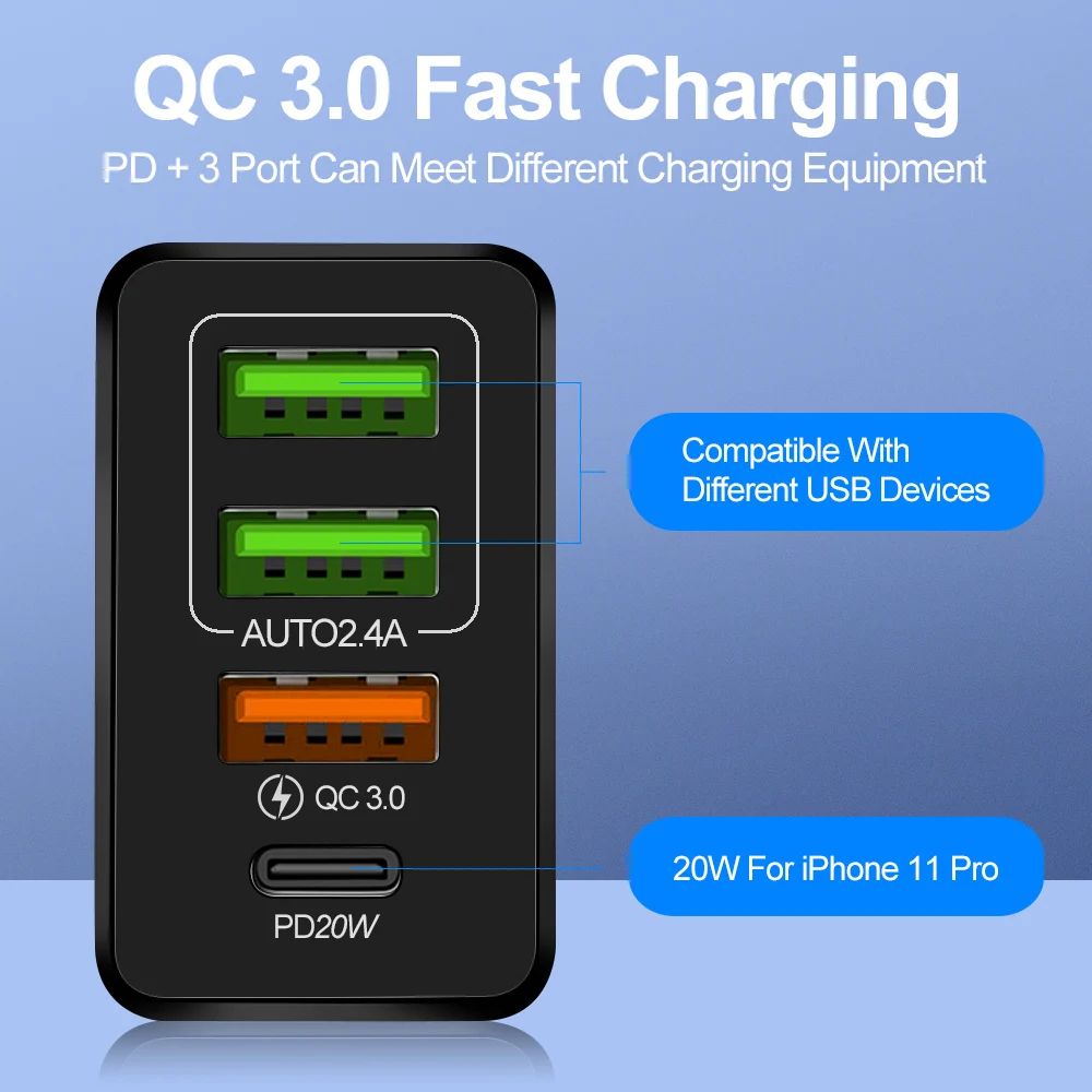 EU/US/UK Plug USB Charger 20W PD Quick Charge 3.0 For iPhone 12 11 Type C 18W Fast Charger For Mobile Phone High Speed Charger 5v 3a usb c
